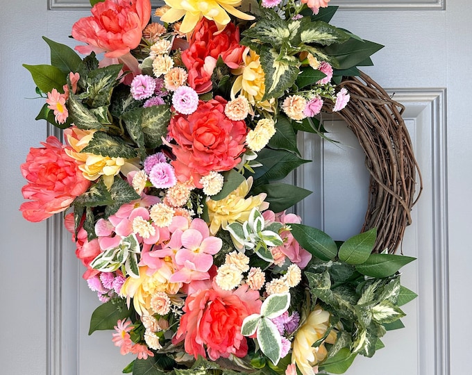 Floral Wreath: Vibrant Pink Peony & Yellow Hydrangea Front Door Decor