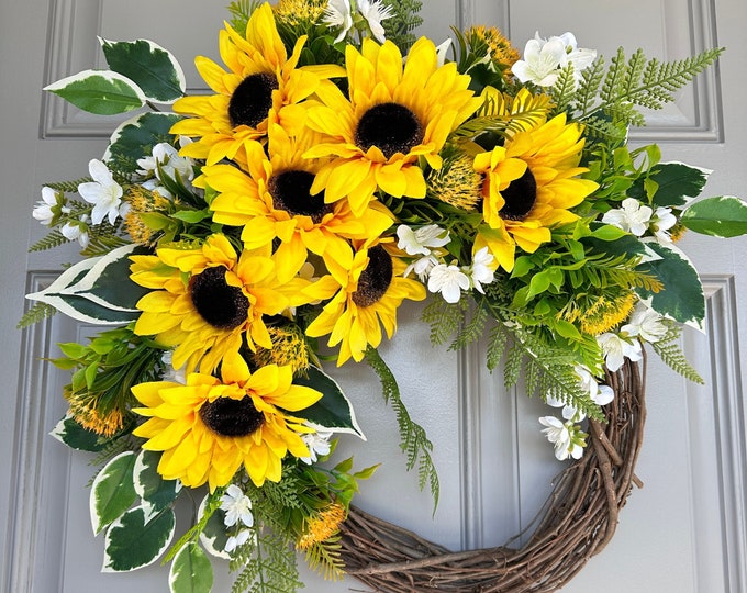 Yellow Sunflower Wreath: Modern Country Farmhouse Front Door Decor