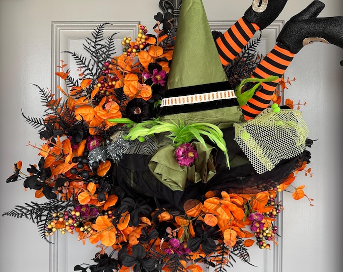Upside Down Witch Leg Halloween Wreath: Orange & Black Fall Door Decor