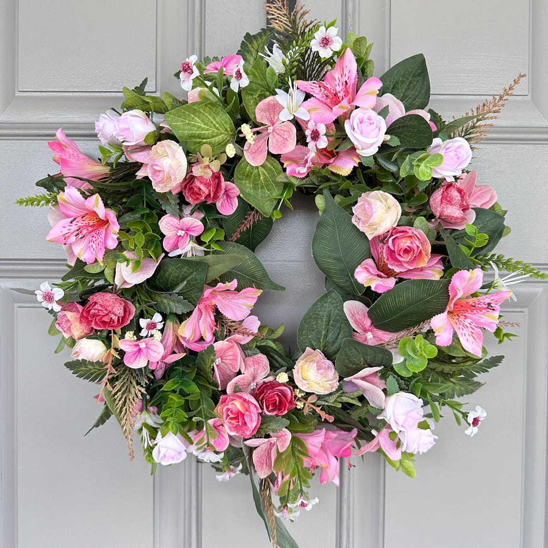Pink Floral Wreath, Handcrafted Door Wreath With Roses, Hydrangeas, and ...