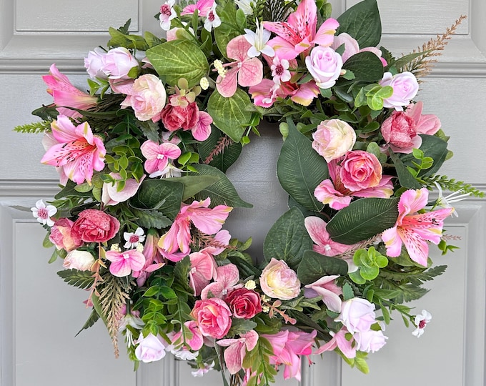 Pink Rose Door Wreath: Hydrangeas & Alstroemerias, Boho Farmhouse Decor