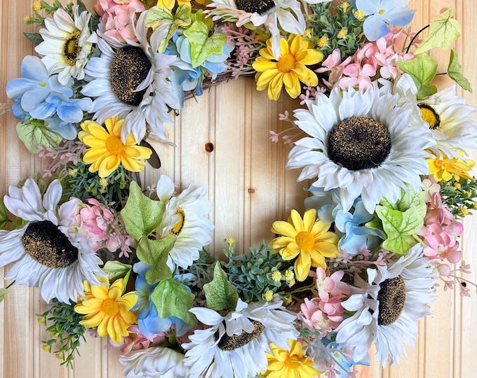 Sunflower Daisy Wreath – Yellow, White, Blue Floral Farmhouse Door Decor
