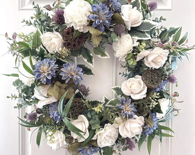 Blue & White Floral Wreath: Silk Roses, Dahlias, Carnations