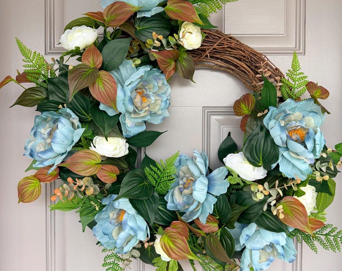 Blue Peony Wreath Ranunculus Spring Summer Light Blue Floral Farmhouse Entryway