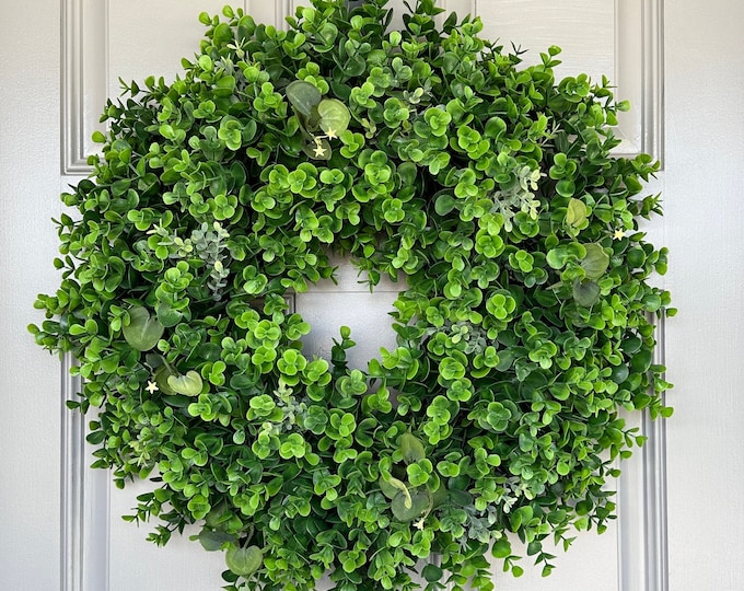 Eucalyptus Boxwood Wreath: Year Round Greenery, Boho Farmhouse Decor