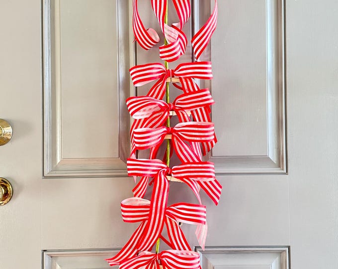 Red and White Striped Ribbon Bows, Christmas Tree Decor, Set of 11