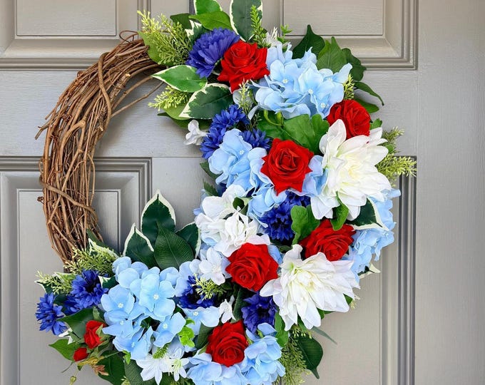 USA Red White Blue Patriotic Flower Wreath double door