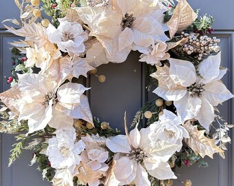 Champagne Gold Poinsettia Wreath, frosted holly, metallic berries, gold leaves, white and champagne, cream white poinsettia wreath