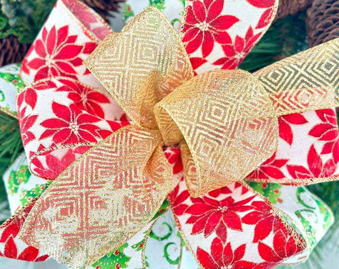 Christmas Tree Bow: Poinsettia, Gold Glitter Wired Ribbon
