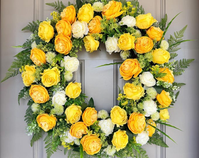 Yellow Roses Wreath - Blonde Golden Lemon Cream Spring Memorial Celebration Flowers