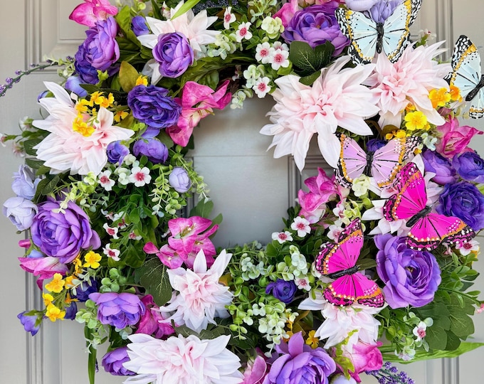Garden Butterfly Wreath with Pink Purple Flowers - Spring Summer