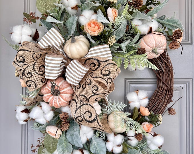 Neutral Fall Wreath: Lambs Ear, Cotton, Pumpkins and Burlap Bow