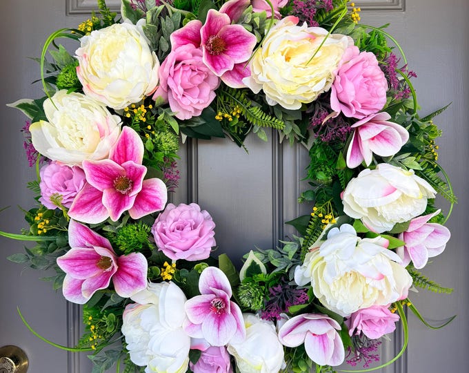 Large Pink Magnolia & Cream White Peony Wreath Year-Round Garden Style Home Decor