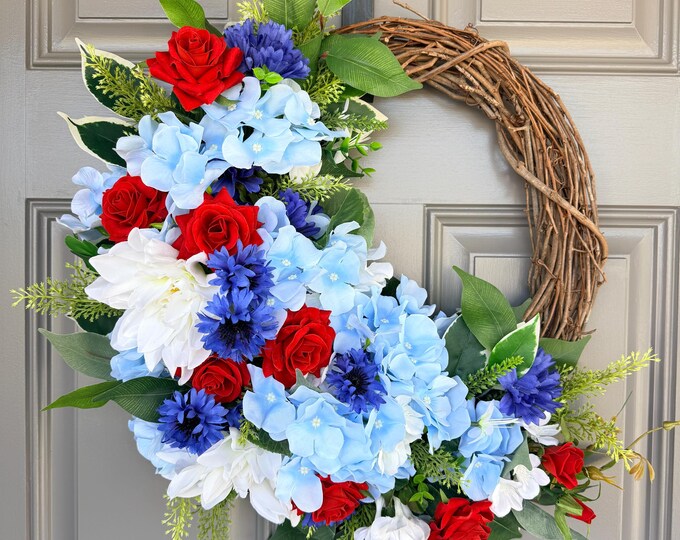 USA Red White Blue Patriotic Flower Wreath double door