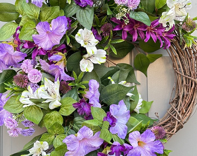 Petunia Flower Wreath: Purple and White Front Door Decor