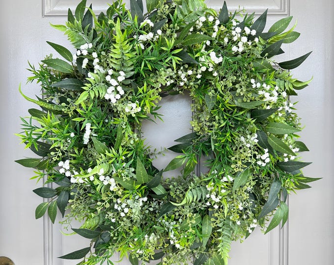 All year around Elegant Greenery Wreath with Baby’s Breath – Housewarming Boho Bohemian Gift