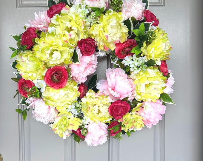 Peony & Ranunculus Wreath: Yellow, Lime, Pink Floral Door Decor
