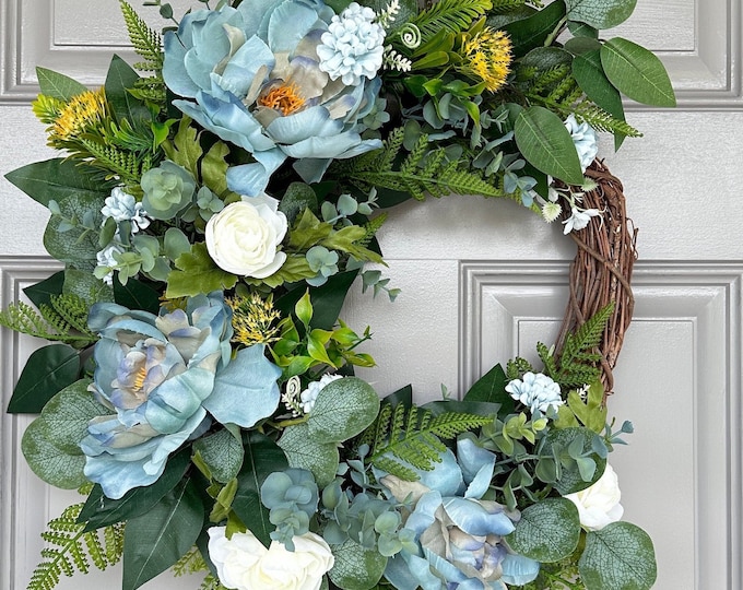 Blue Flower Peony Wreath with White Ranunculus - Cottagecore Country modern farmhouse boho