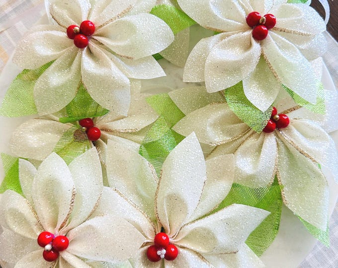 Glitter Poinsettia Ribbon Flowers: Christmas Decoration with Tie-On