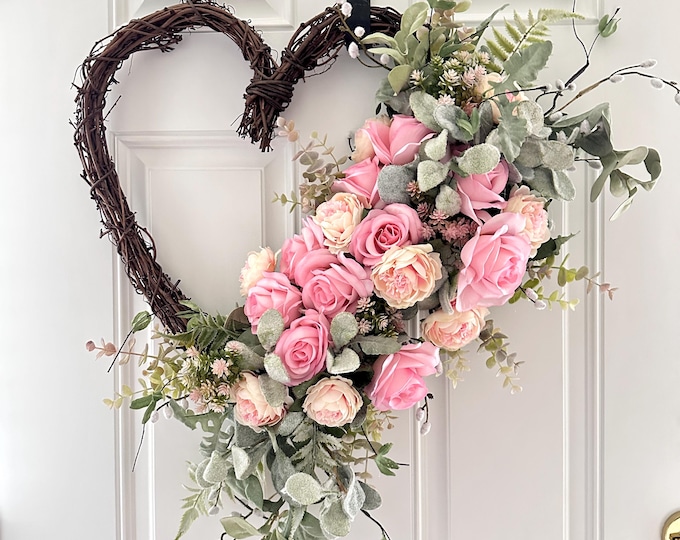 Heart Wreath, Pink Roses, Lambs Ear, Valentine's Flower Arrangement Door Decor