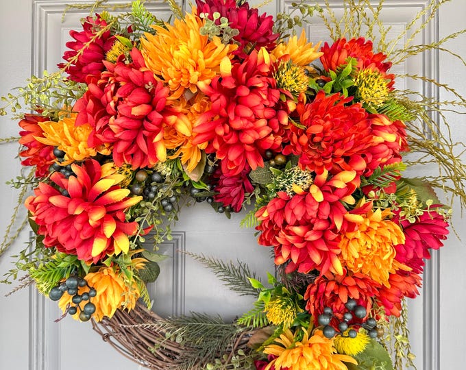 Colorful Vibrant Flowers & Berries Wreath