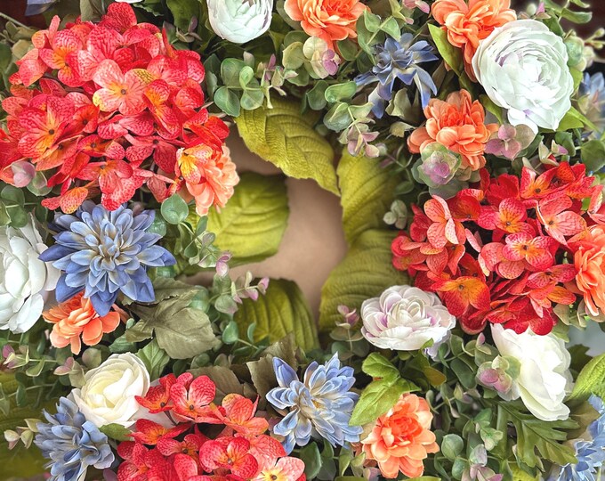 Hydrangea & Dahlia Wreath: Vibrant Spring Summer Door Decor
