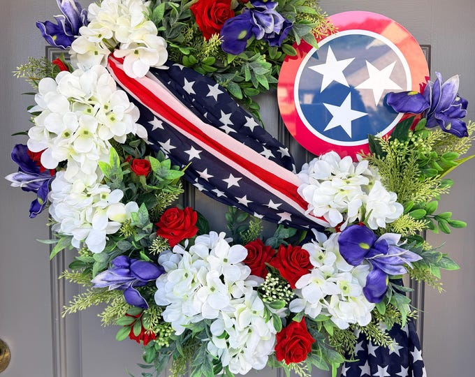 USA Tennessee Tri-star Patriotic wreath with red roses and iris