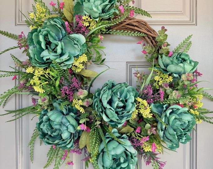 Teal Turquoise Peony Wreath: Boho Farmhouse Rustic Floral Door Decor