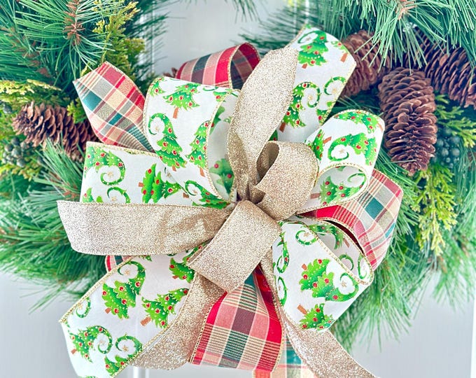 Christmas Tree Bow: Plaid & Gold Wired Ribbon Wreath Bow