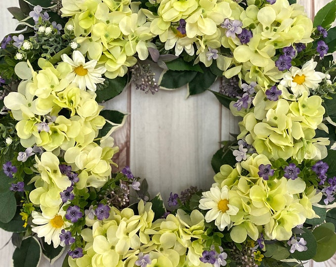 Green Hydrangeas Wreath with Daisies Baby Breath and Purple Flowers