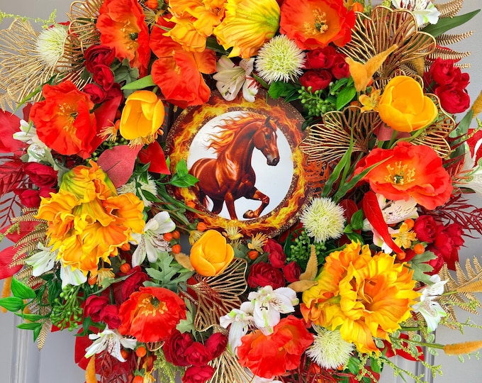 Horse Equestrian theme  Wreath – Red & Gold Fiery Chinese Fire Horse