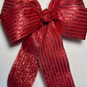 Red Glitter Stripe Wired Ribbon Bow – Handmade Holiday Bow for Wreaths, Gifts, Decor