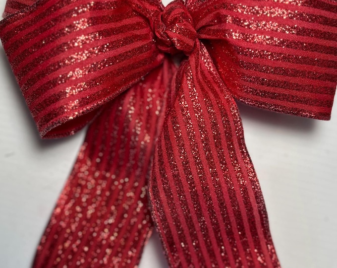 Red Glitter Stripe Wired Ribbon Bow – Handmade Holiday Bow for Wreaths, Gifts, Decor