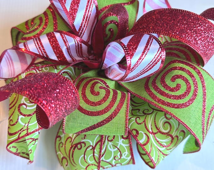 Christmas Bow Green & Red Swirl Wired Ribbon Candy Cane Decor