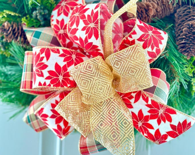 Christmas Bow: Red Poinsettia, Gold Sparkle & Plaid Wired Ribbon