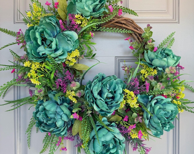 Teal Turquoise Peony Wreath: Boho Farmhouse Rustic Floral Door Decor