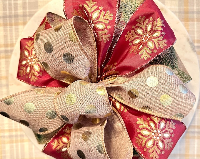 Maroon & Gold Christmas Bow: Snowflake Tree Topper
