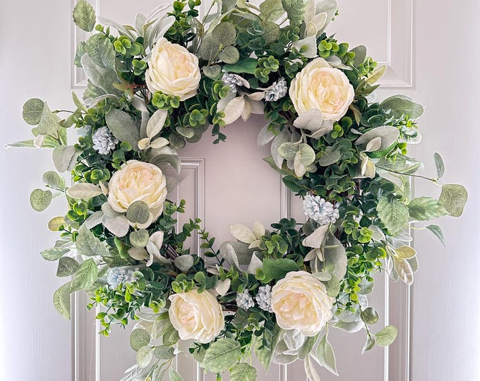 Rose & Greenery Wreath: Ivory Cabbage Roses, Lambs Ear, Eucalyptus