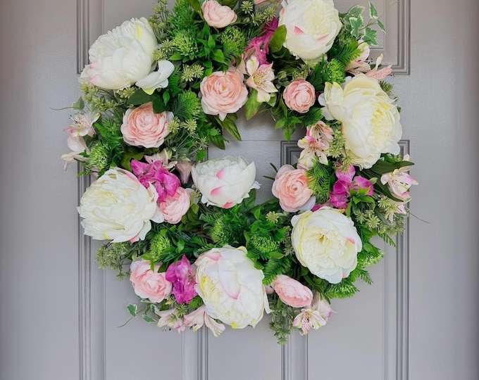 White Peony Blush Pink Garden Wreath | Elegant Everyday Door Decor
