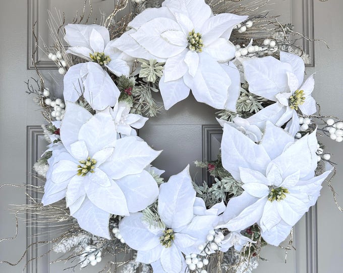 White Poinsettia Christmas Wreath: Glitter Accents, Winter Holiday Decor