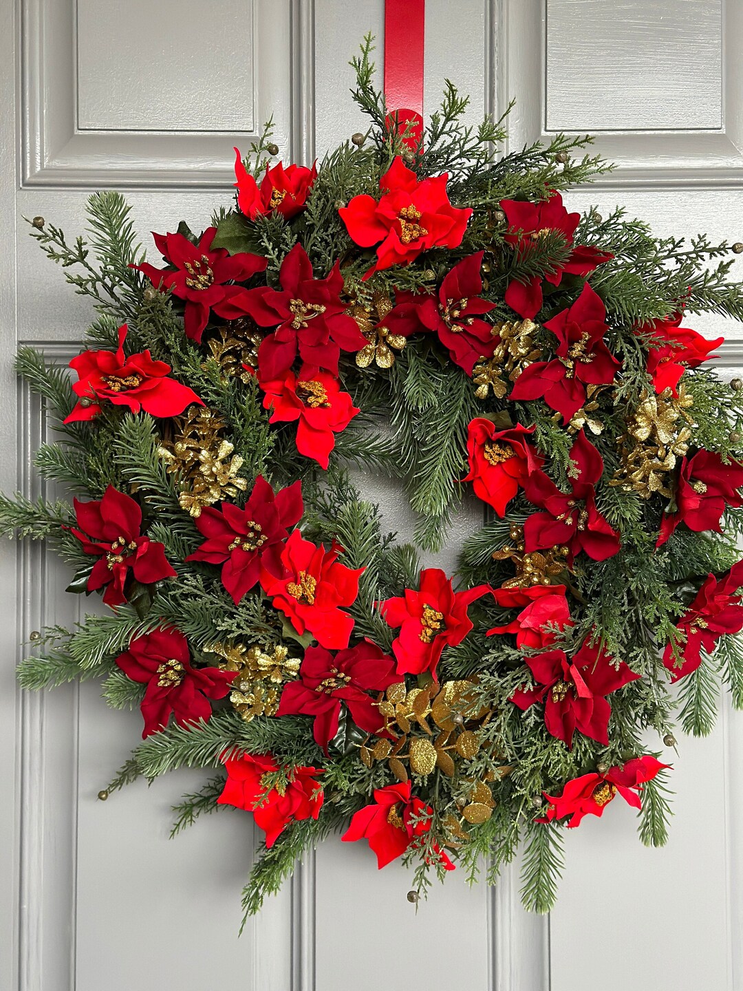 Red Poinsettia Christmas Wreath With Gold Accents New 2023 - Etsy