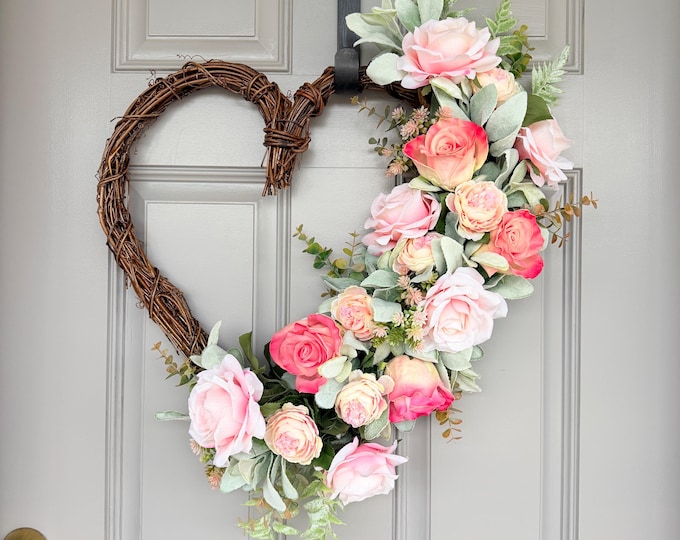 Heart Wreath, Pink Roses, Lambs Ear, Valentine's Flower Arrangement Door Decor