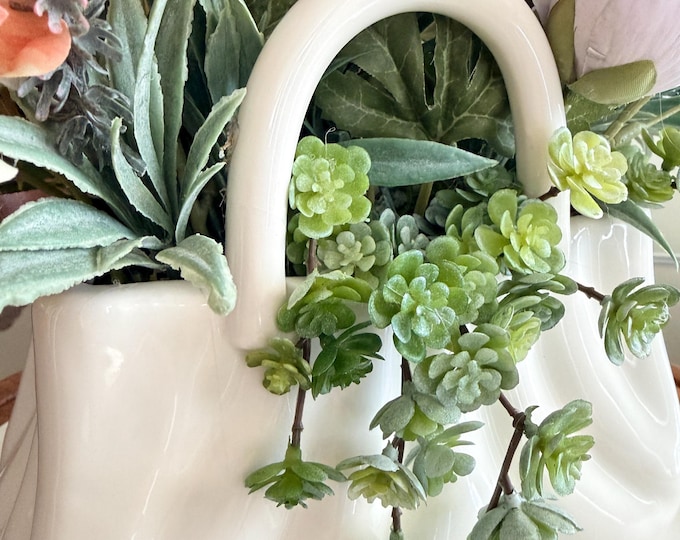 Lavender Peony Flower Arrangement in Cream White Ceramic Handbag Vase