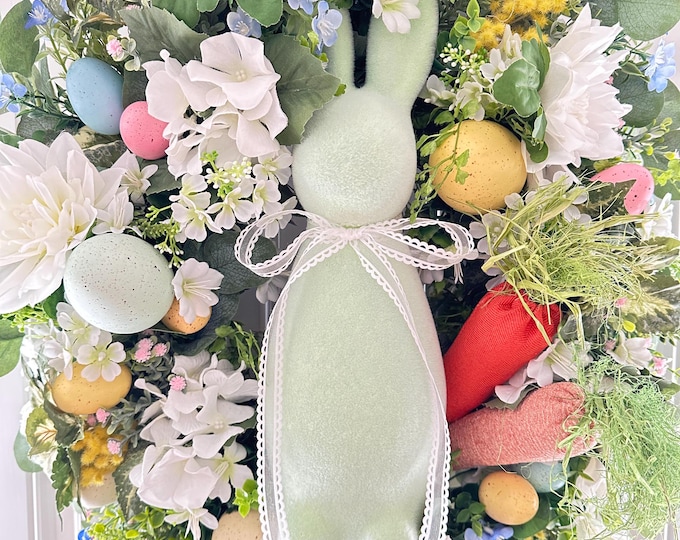 Flocked Bunny Easter Wreath: White Dahlias, Carrots, Spring Decor