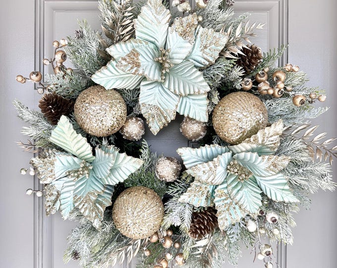 Green and Gold Christmas Wreath: Sparkle Poinsettias, Winter Holiday Decor, mint sea foam green