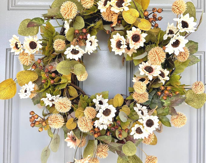 Neutral Mini Sunflower Wreath: Eucalyptus & Maple Leaf Front Door Decor