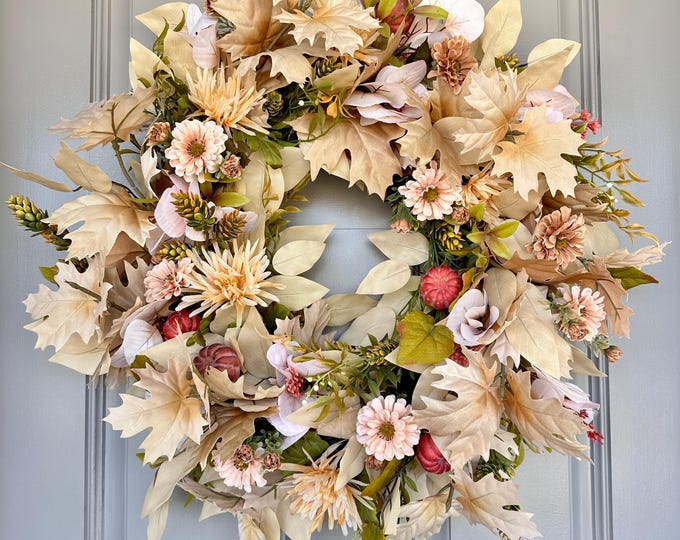 Neutral Fall Wreath: Maple Leaves, Pumpkins - Farmhouse Boho