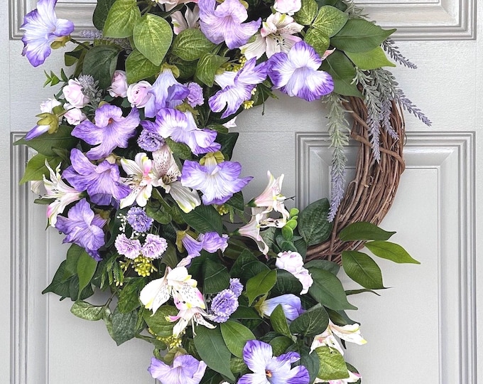 Purple Petunia Wreath: Spring Alstroemeria, Roses, Lavender Door Decor