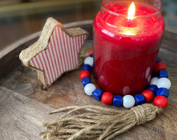 Patriotic Red White and Blue Wood Bead Garland: 4th of July Farmhouse Decor