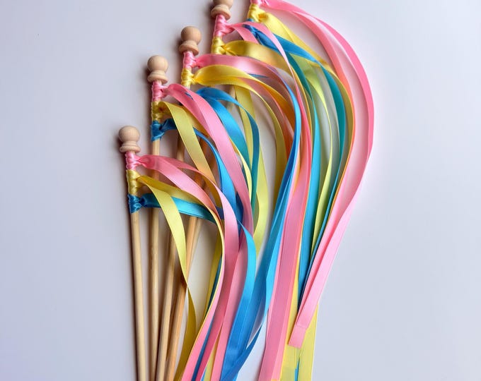 Custom Color Satin Ribbon Streamer Wands with custom finish, Wedding Party Favors, Photo Backdrop (Set of 20)